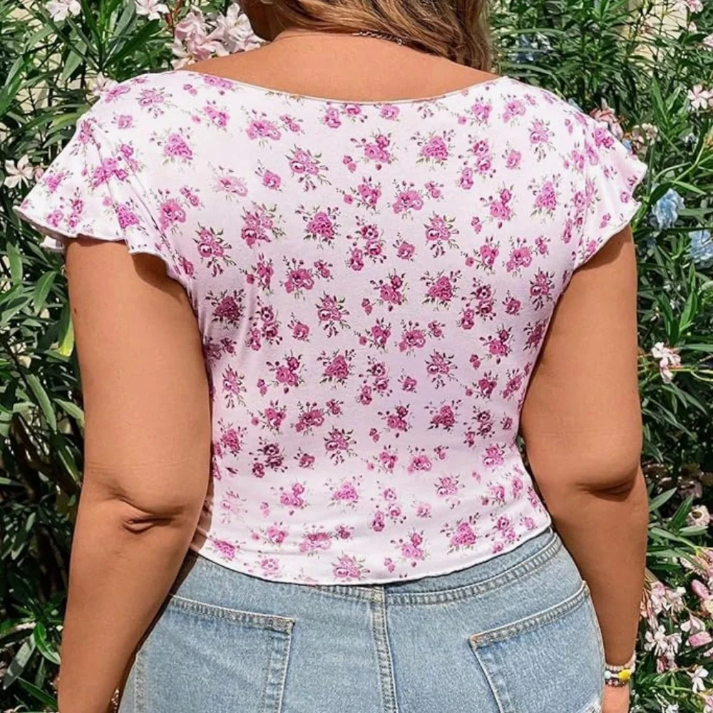 DR Dressin Floral Print Asymmetrical Hem Cap Sleeve Top. Size 0XL NWT - Picture 2 of 5